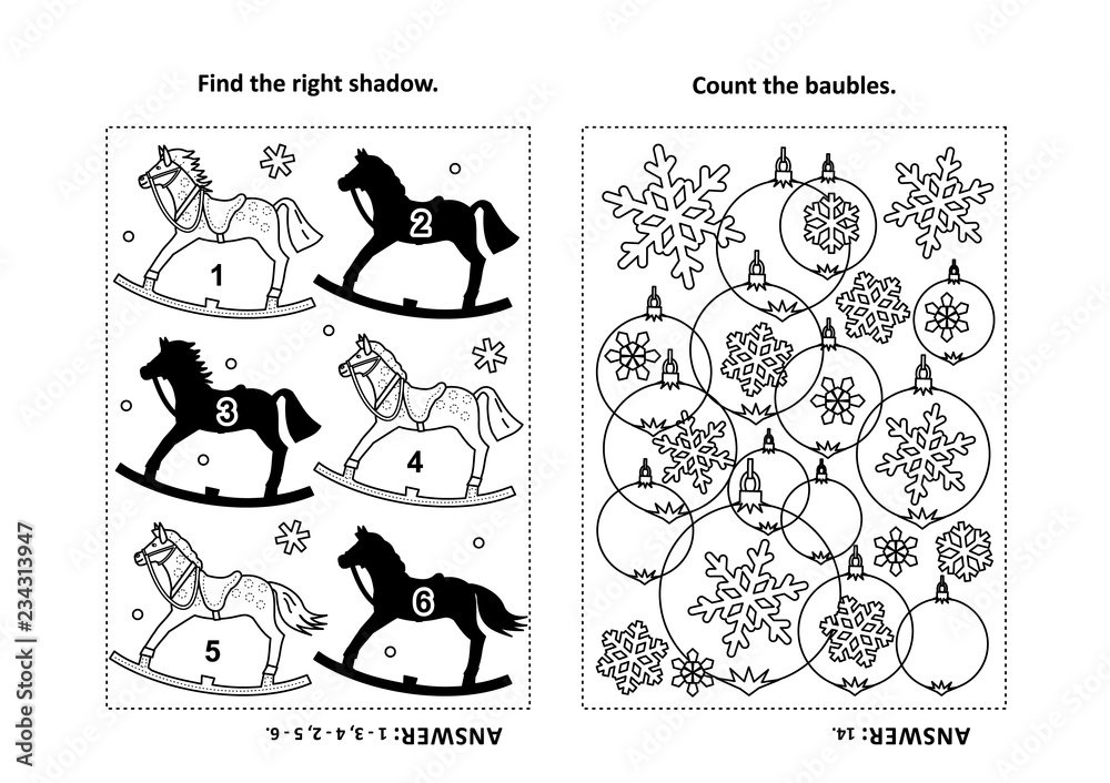 Two visual puzzles and coloring page for kids. Find the shadow for each picture of rocking horse. Count the baubles. Black and white. Answers included.
