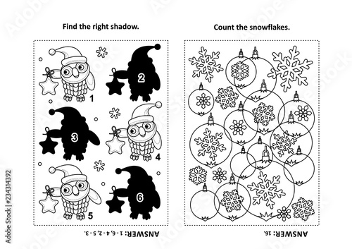 Two visual puzzles and coloring page for kids. Find the shadow for each picture of owl wearing santa cap and holding a star ornament. Count the snowflakes. Black and white. Answers included.

