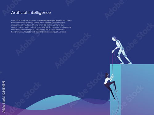 Artificial intelligence robot helping woman climb higher vector concept. Symbol of assistance, help and support from future advanced technology.