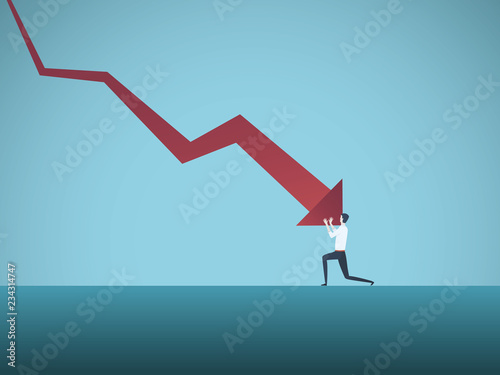 Bankrupt businessman pushed by downward arrow vector concept. Symbol of bankruptcy, failure, recession, crisis and financial losses on stock exchange market.
