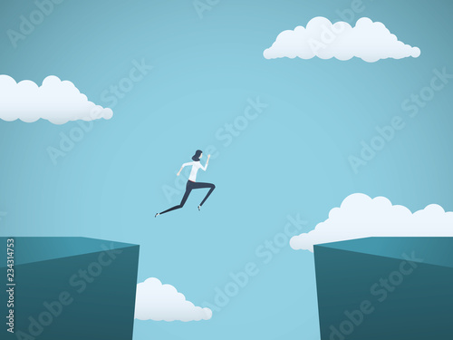 Business woman jumps across gap vector concept. Symbol of business challenge, opportunity, success, ambition and motivation.