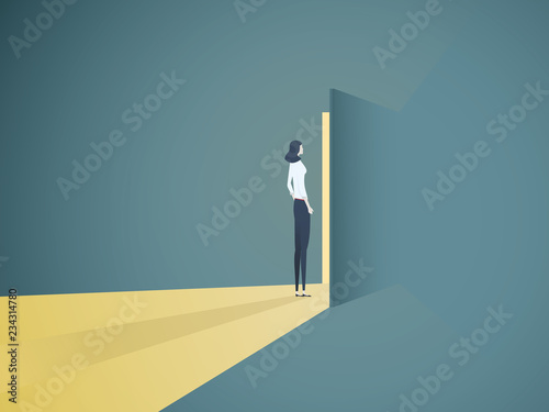 Businesswoman opening door vector concept. Symbol of new career, opportunities, business ventures and challenges.