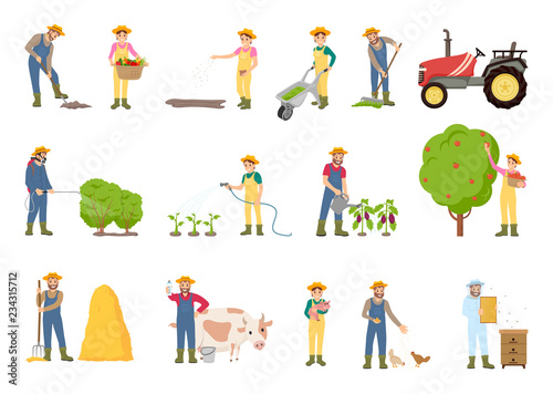 People Working on Farm, in Garden, Vector Banner