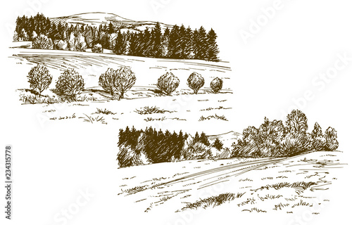 Rural landscape. Hand drawn set.