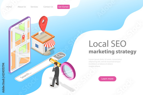 Isometric flat vector landing page for local seo, serching store, e-commerce.