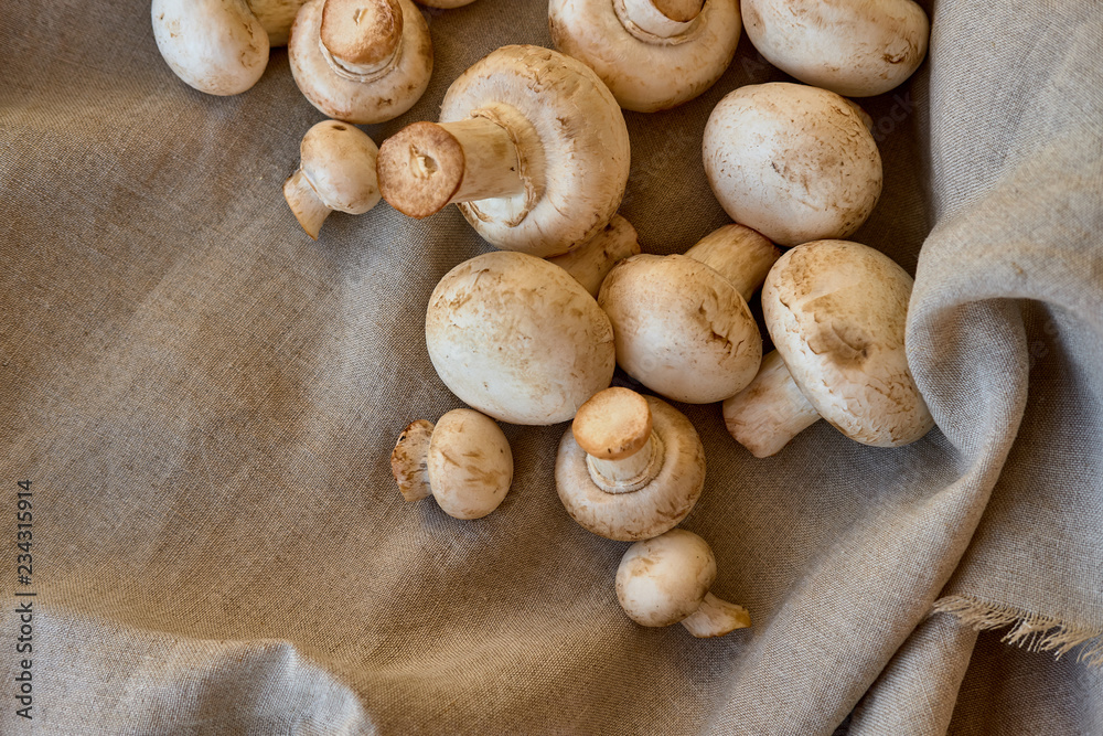 Champignon mushrooms on a gray cloth