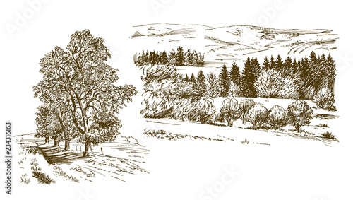 Rural landscape. Hand drawn set.