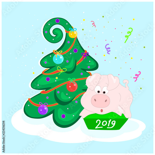 Pig and the Christmas tree. Surprised character sitting on the box. Celebratory salute. Happy new year. 2019. Symbol of the year. Balls and garland on the tree. Vector illustration.