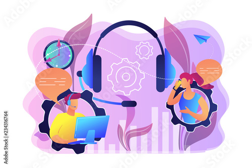 Operator wearing headset at computer cold calling to a potencial client. Cold calling, old school marketing, telemarketing sales concept. Bright vibrant violet vector isolated illustration