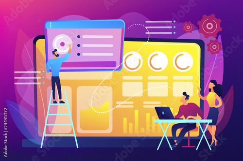 Social media specialists manage multiple accounts on huge laptop. Social media dashboard, online marketing interface, social media metrics concept. Bright vibrant violet vector isolated illustration