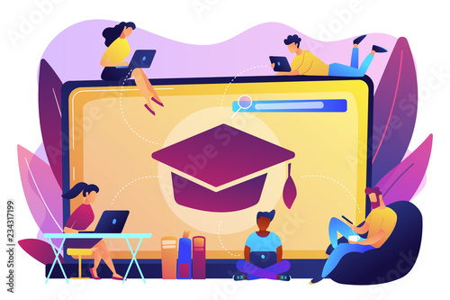 Students with laptops studying and huge laptop with graduation cap. Free online courses, online certificate courses, online business school concept. Bright vibrant violet vector isolated illustration