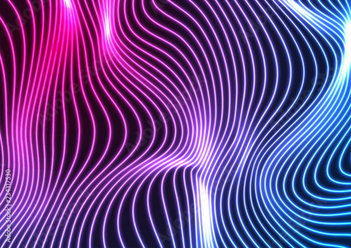 Blue ultraviolet neon curved wavy lines abstract background