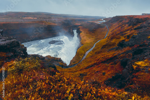 Majestic waterfall Gullfoss in Iceland in autumn in cloudy weather
