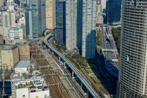 Aerial view of rail tracks in Tokyo, Japan. photo