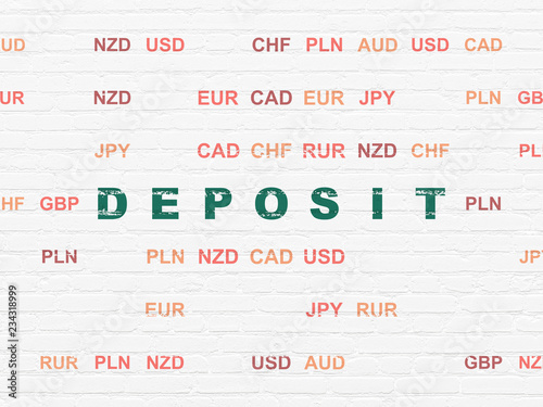 Currency concept  Painted green text Deposit on White Brick wall background with Currency