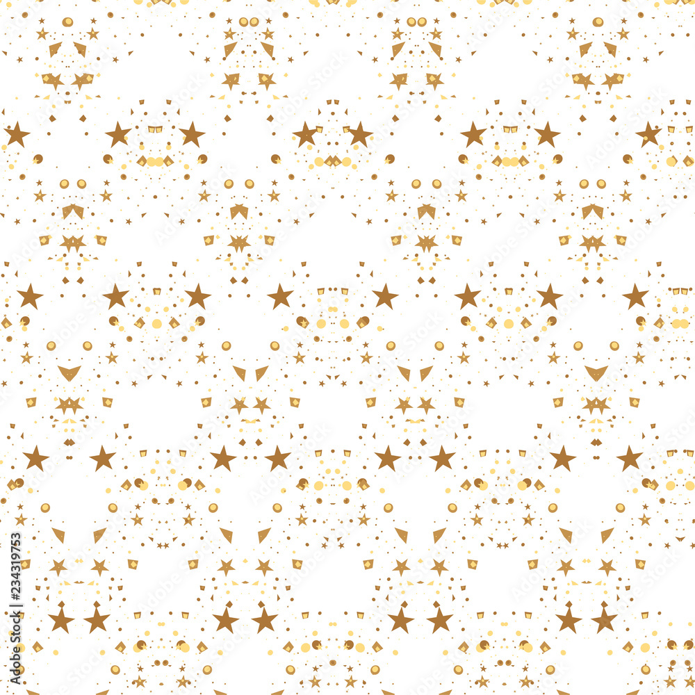 Christmas and New Year seamless pattern of gold stars and confetti for packaging, wrappers, fabrics and light industry. Vector image, background. Christmas and New Year seamless pattern of gold stars and confetti for packaging, wrappers, fabrics and light industry. Vector image, background.
