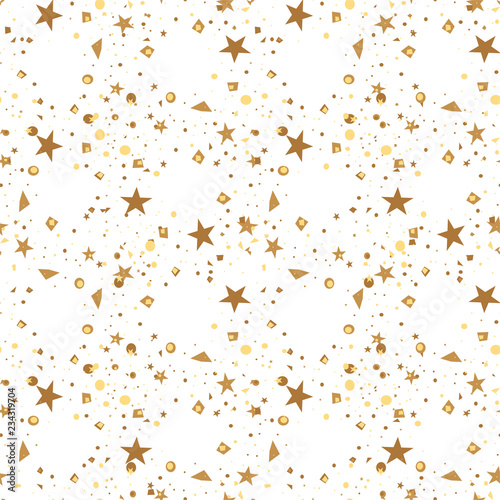 Christmas and New Year seamless pattern of gold stars and confetti for packaging  wrappers  fabrics and light industry. Vector image  background.