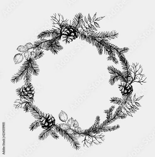 Pine wreath with cone and fir brunches. Vector illustration.