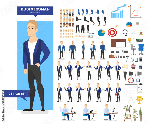 Businessman character in suit set for animation.