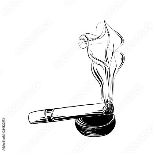 Vector engraved style illustration for posters, logo, emblem, decoration and print. Hand drawn sketch of burning cigar in black isolated on white background. Detailed vintage etching style drawing.