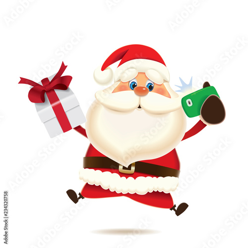 Santa Claus jumping and taking selfie isolated on a white background