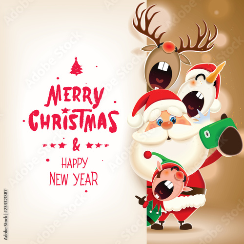 Santa Claus,Reindeer,Snowman and Elf taking selfie next to textual Christmas signboard isolated on a sparkle ocher background