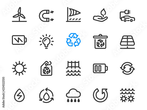 Ecology energy icon collection. Icon set of renewable energy sources as solar, water, wind power. Thin line style.