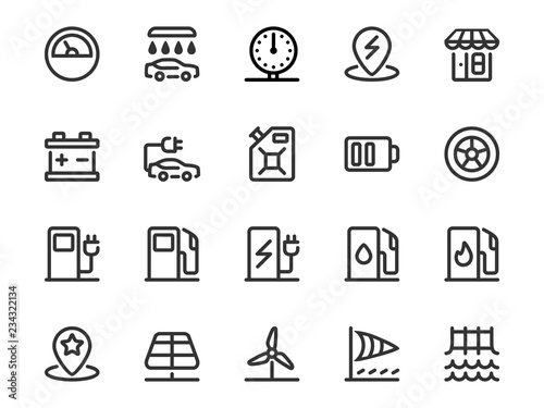 Vector set of gas station icons in outline style. Collection includes gas, petrol and electric stations, charging batteries, control devices and more.