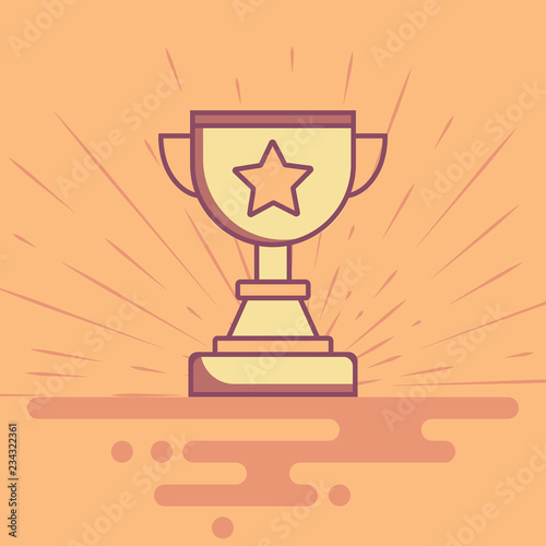 Gold cup. Flat style. Radiance on warm orange background. Success, victory, achievement