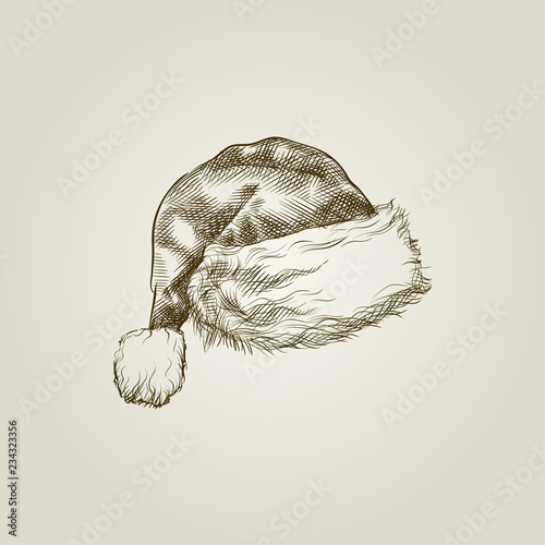 Hand Drawn Santa Hat Sketch Symbol isolated on background. Christmas hat Vector In Vintage Style