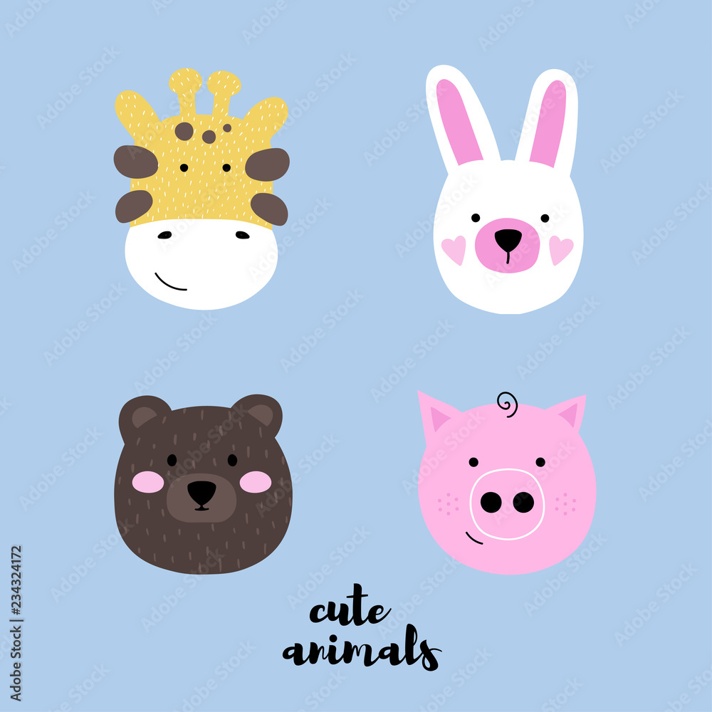Obraz premium Set of cute animal faces. Collection of rabbit, giraffe, bear, pig. Creative cartoon print for baby card, invitation, nursery, apparel and textile. Vector Illustration in modern style.