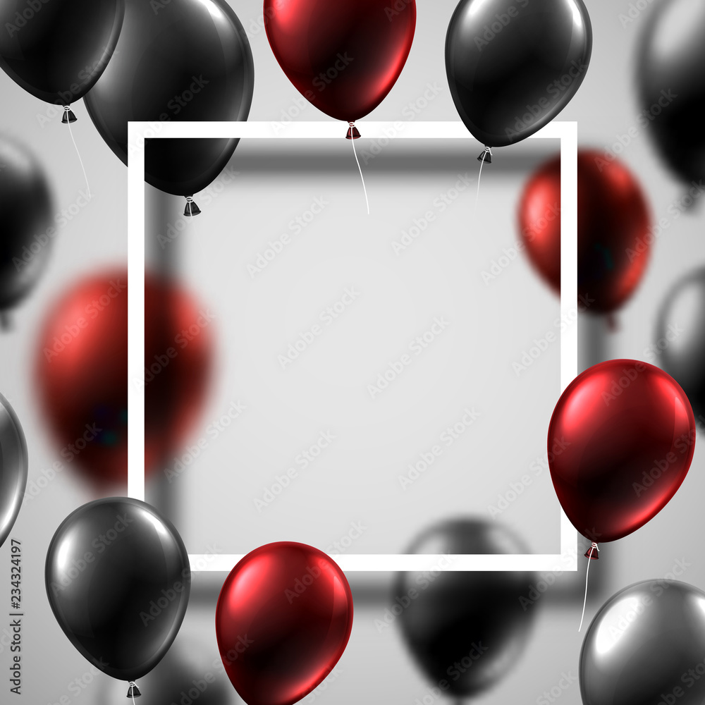festive background with square frame and black and shiny balloons. Stock | Adobe Stock