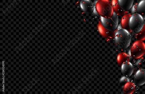 Festive background with black and red shiny balloons and confetti.