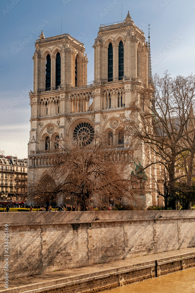 Beautiful winter view of the Notre Dame Cathedral and the River Seine in Paris, France