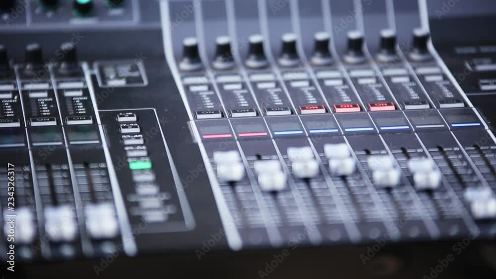 Digital sound recording. Professional sound mixer. Close-up view of sound mixer control. Modern technology. Media sound mixer button line. Digital sound recording. Professional sound mixer. Close-up view of sound mixer control. Modern technology. Media sound mixer button line.