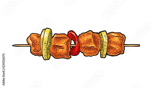 Grilled kebab. Vintage color vector engraving illustration.