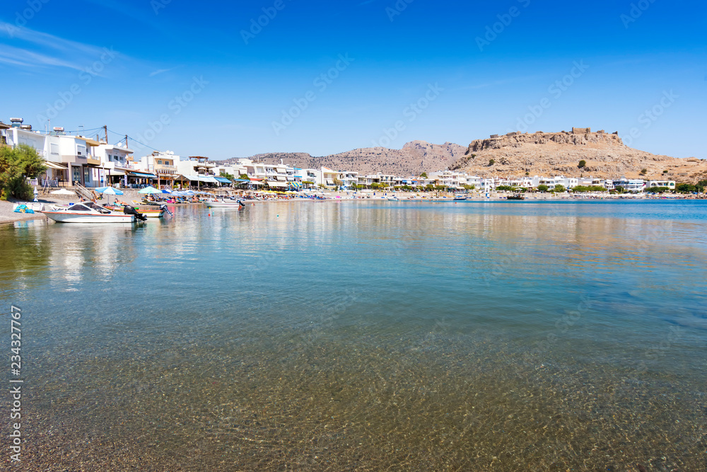 Panoramatic view of Haraki beach with apartment houses (Rhodes, Greece)