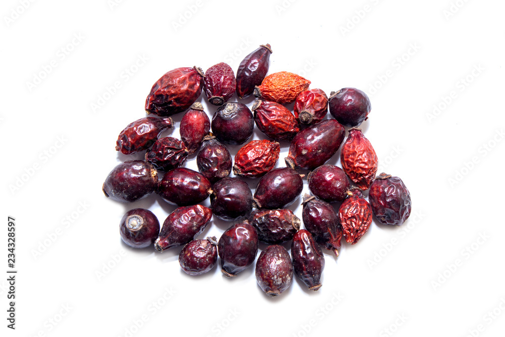 Red rosehip isolated on white background.