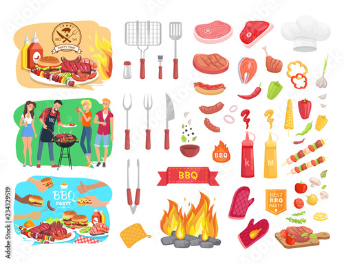 BBQ Party Barbecue and People Vector Illustration