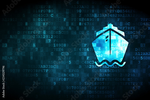 Vacation concept: pixelated Ship icon on digital background, empty copyspace for card, text, advertising