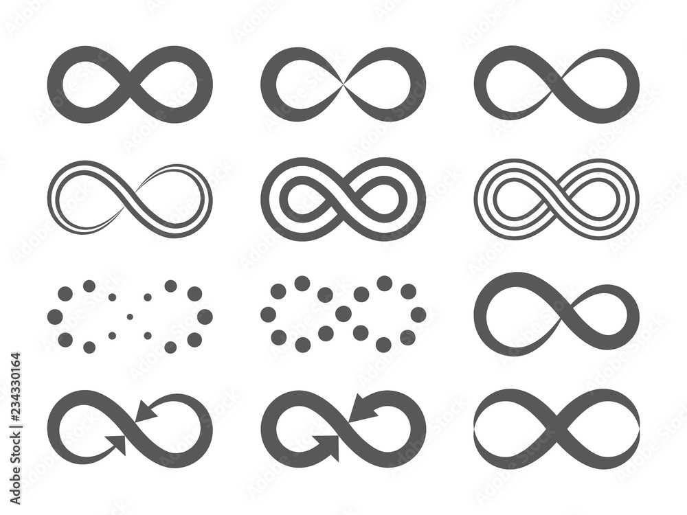 Black infinity symbols. Repetition icons and signs illustration on white background. Black infinity symbols. Repetition icons and signs illustration on white background.