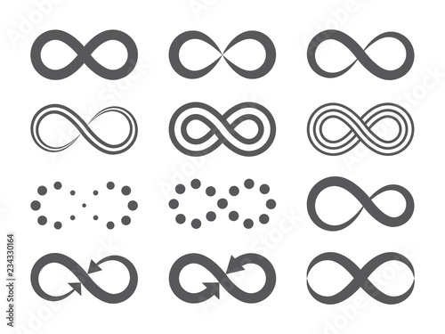 Black infinity symbols. Repetition icons and signs illustration on white background.