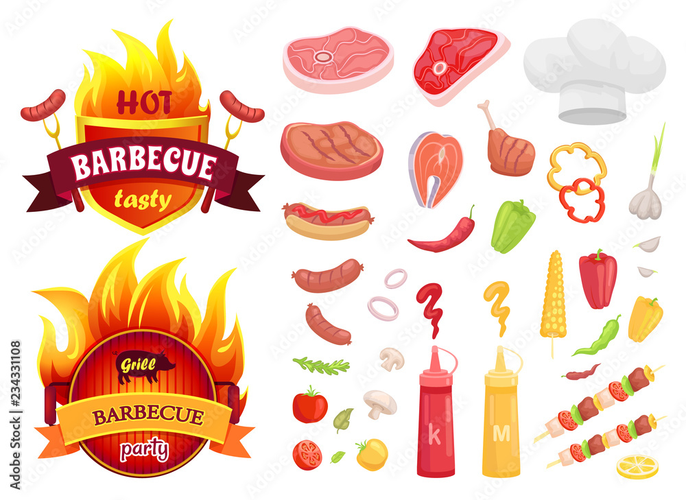 Hot BBQ Barbecue Icons Set Vector Illustration