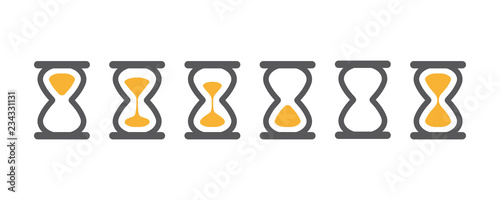 Hourglass various icons for animation frames. Gray sandglass, sandclock, countdown and process timer collection on white background.