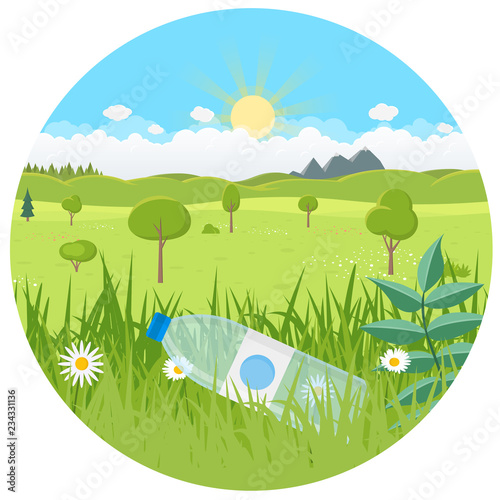  Landschaft mit Plastikflasche Umweltverschmutzung Flat Design isoliert auf weißem Hintergrund