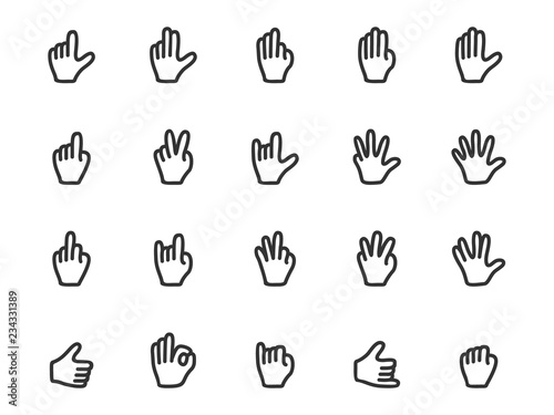 Vector set of gesture icons in outline style. Collection of hand icons: finger counting, stop, fist, devil horns, okay, victory sign