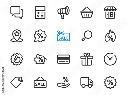 Set of thin line icons of discount symbols for sale. Collection of vector outline icons: store, shopping bag, gift box, discount, sale, coupon, delivery