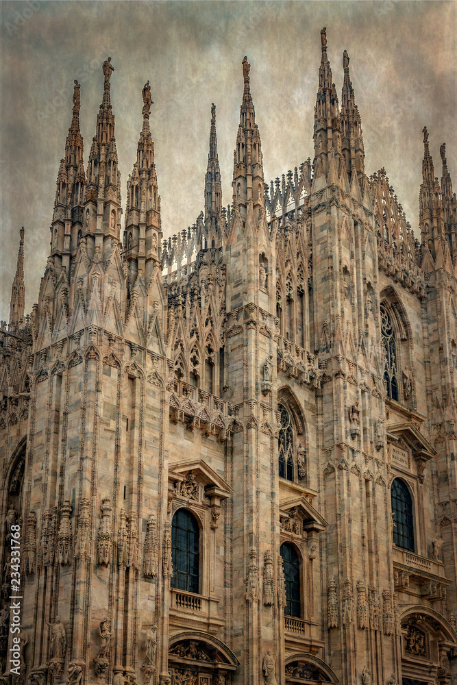 Old photo with architectonic details from the famous Milan Cathedral