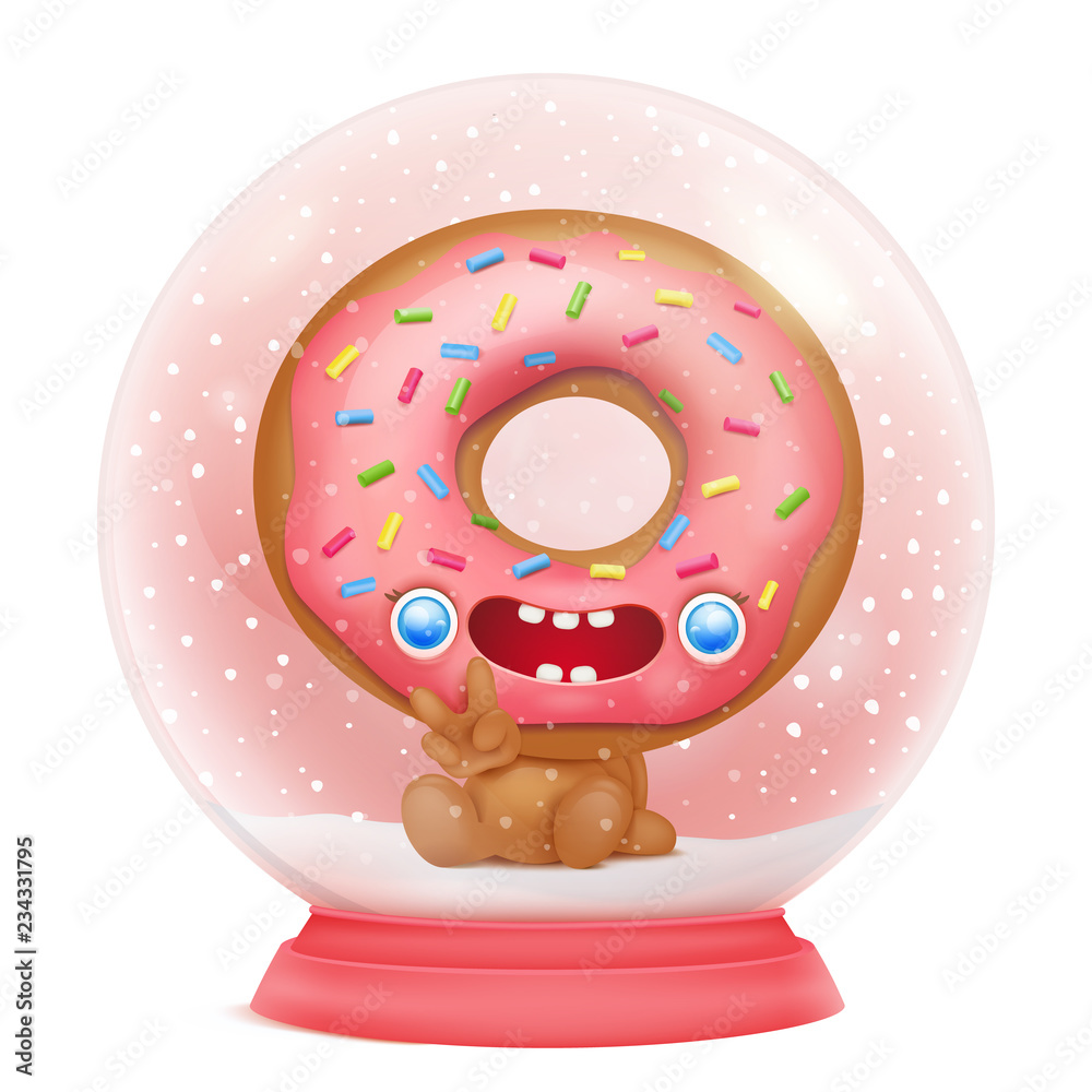 Snow globe with donut cartoon character. Christmas card Snow globe with donut cartoon character. Christmas card