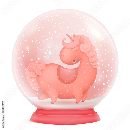 Pink unicorn cartoon character in glass snow ball